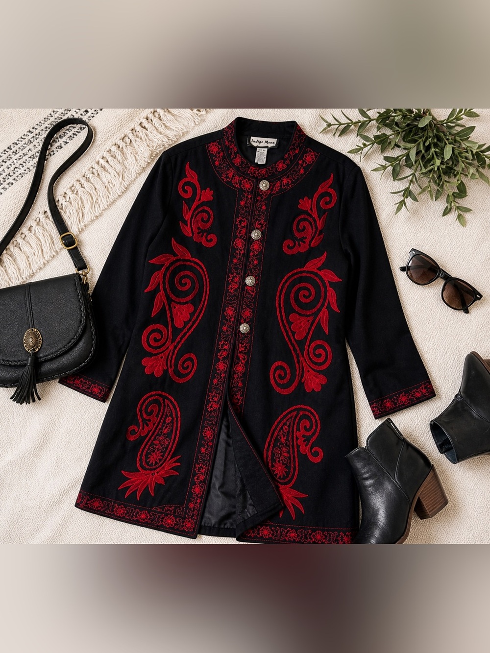 Indigo Moon Black Embroidered Jacket Red Floral Boho Statement Coat XXL